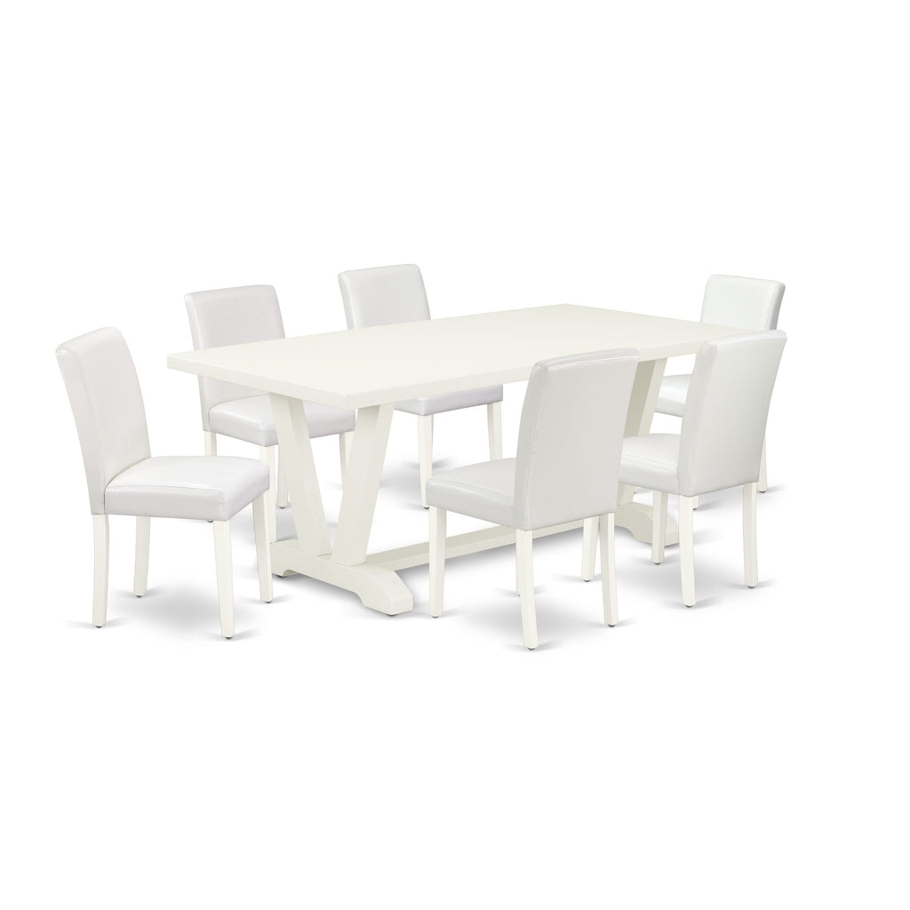 V027A8DUZ-Y 7-Piece Dining Room Set with V-Leg Table & 6 White Upholstered Chairs 40x72 Multi-Color Collection