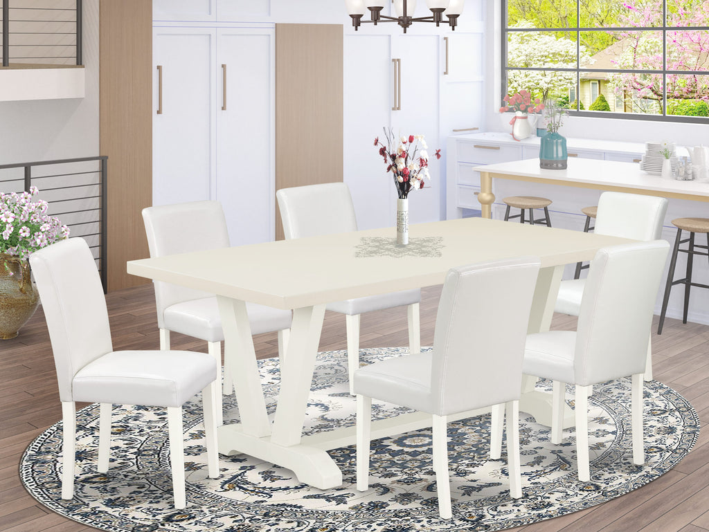 V027A8DUZ-Y 7-Piece Dining Room Set with V-Leg Table & 6 White Upholstered Chairs 40x72 Multi-Color Collection