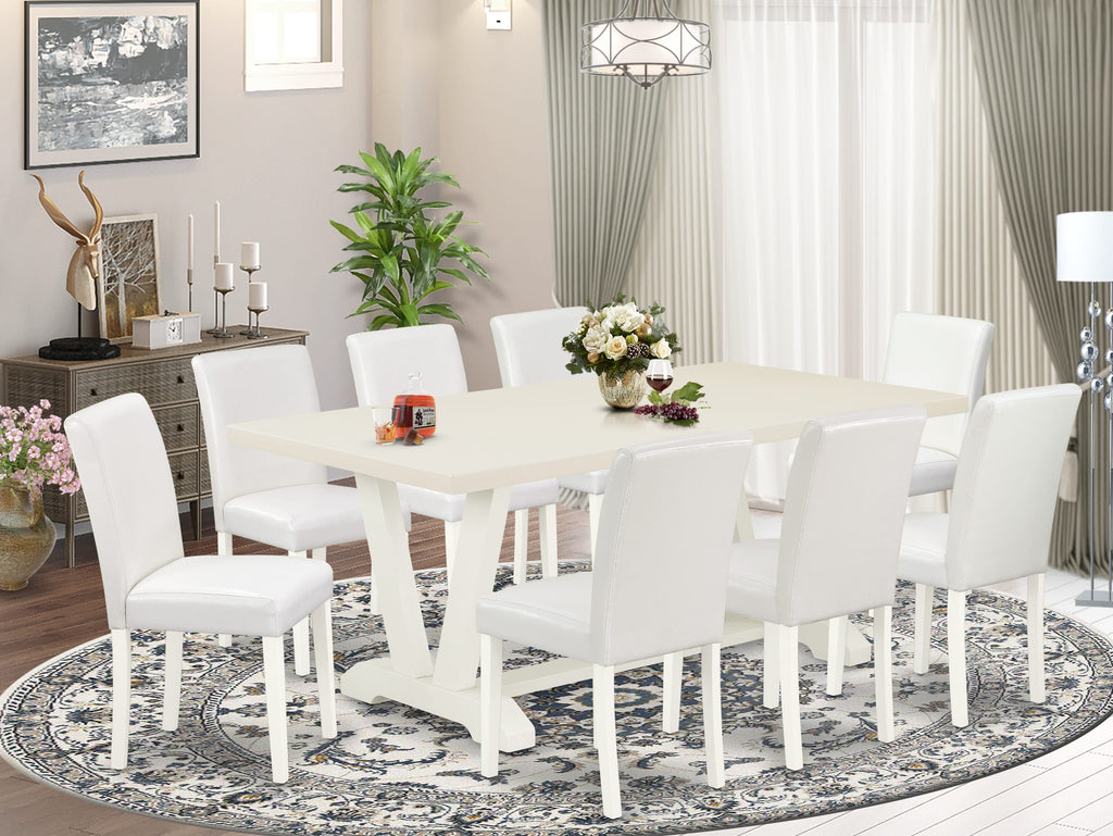 V027A01CR-R 9-Piece Dining Ensemble with V-Leg Table and White Faux Leather Chairs, 40x72 Inch, Multi-Tone