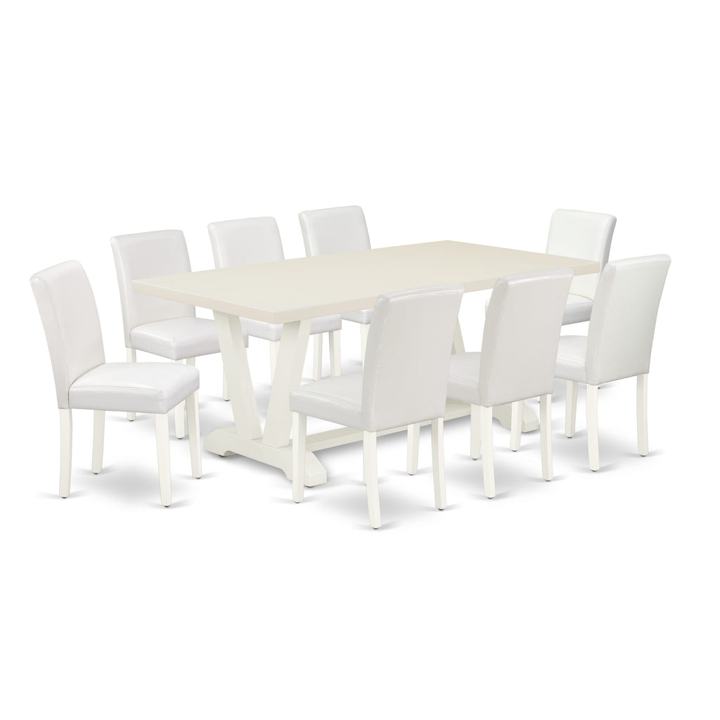 V027A01CR-R 9-Piece Dining Ensemble with V-Leg Table and White Faux Leather Chairs, 40x72 Inch, Multi-Tone