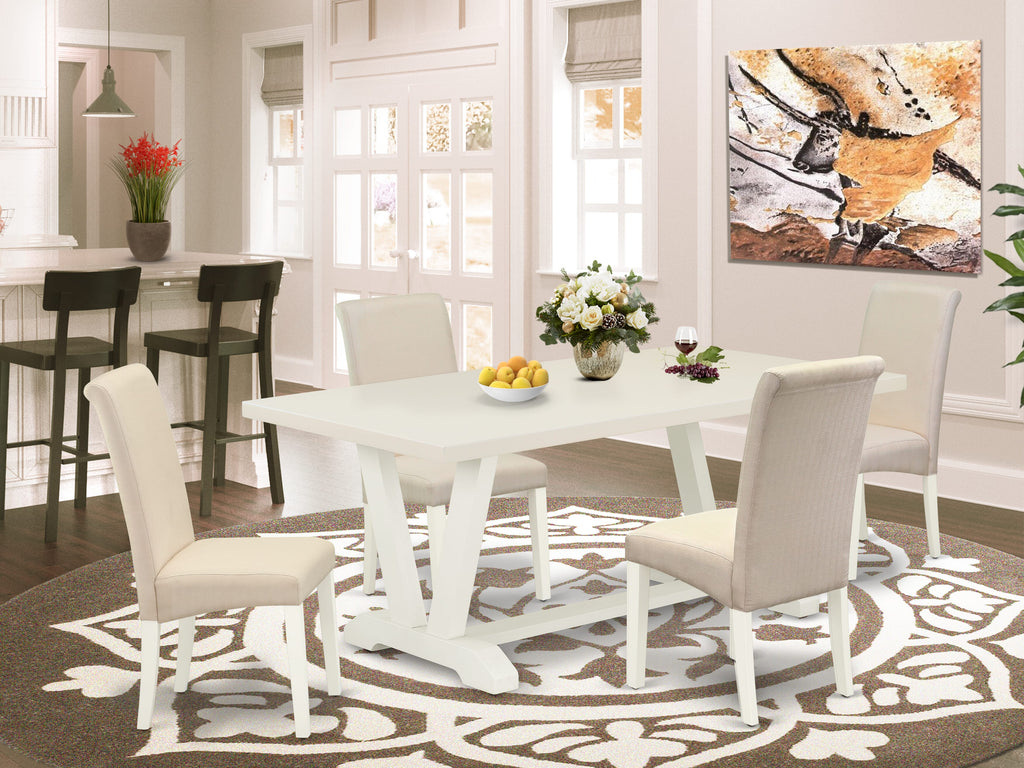 V027BJUKK-X Elegant 5-Piece Dining Set with Rectangular V-Leg Table & Cream Upholstered Chairs
