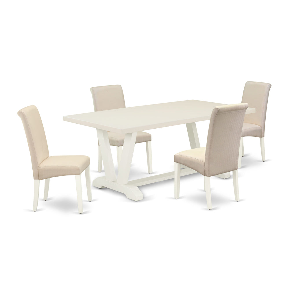V027BJUKK-X Elegant 5-Piece Dining Set with Rectangular V-Leg Table & Cream Upholstered Chairs