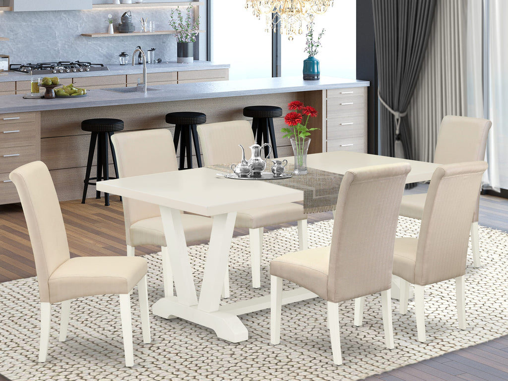 V027BCLPC-G 7-Piece Rectangle Dining Set with V-Legs and Cream Upholstered Parsons Chairs, 40x72in