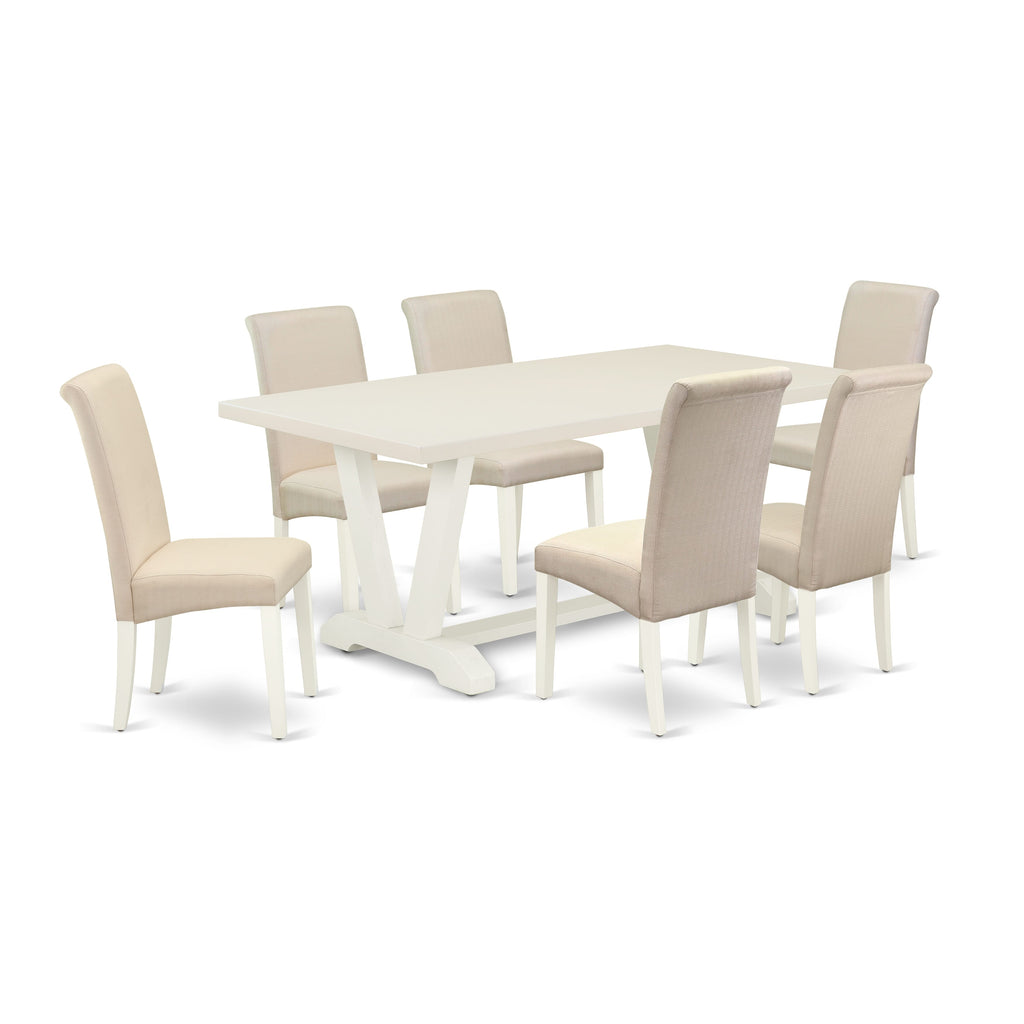 V027BCLPC-G 7-Piece Rectangle Dining Set with V-Legs and Cream Upholstered Parsons Chairs, 40x72in