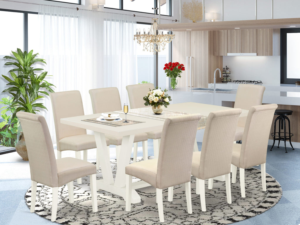 V027BRLYM-P Stunning 9-Piece Dining Ensemble with V-Leg Table and Luxe Cream Parson Seats, Multicolor