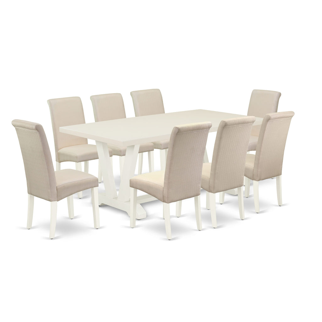 V027BRLYM-P Stunning 9-Piece Dining Ensemble with V-Leg Table and Luxe Cream Parson Seats, Multicolor