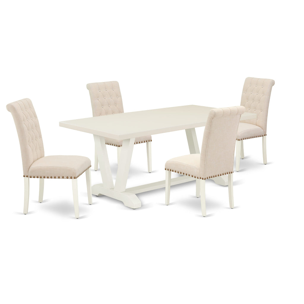 V027BXVTV-R Dining Ensemble 5-Piece Set with V-Legged Table & 4 Beige Linen Parsons Chairs for Kitchen