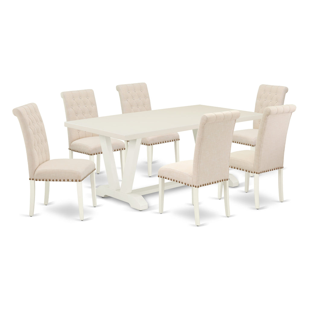 V027BNY1C-T Elegant 7-Piece Dining Collection with V-Style Table and Cushioned Chairs, Beige and Multi-Hue