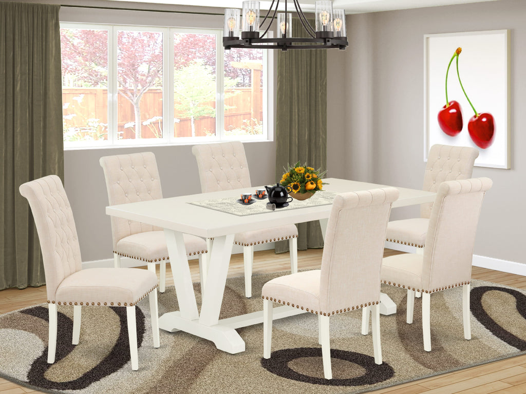 V027BNY1C-T Elegant 7-Piece Dining Collection with V-Style Table and Cushioned Chairs, Beige and Multi-Hue