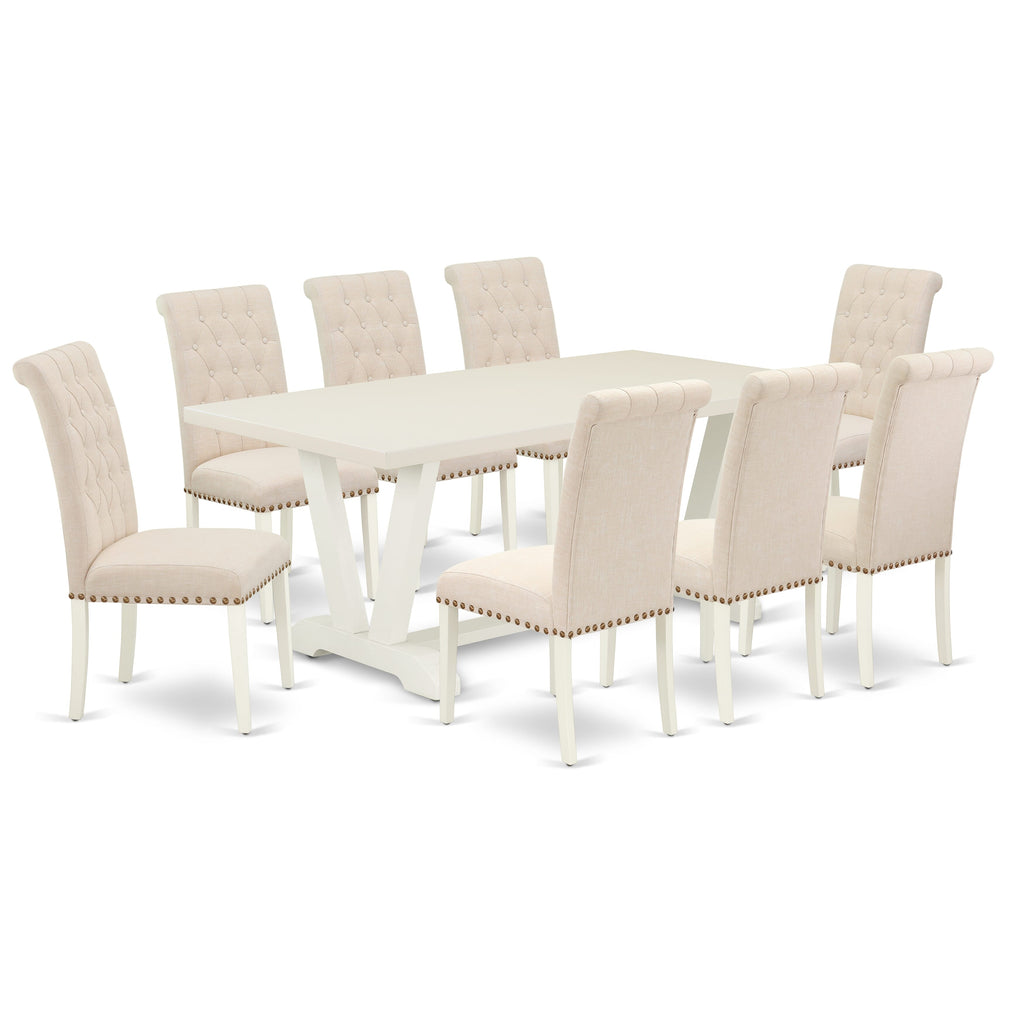 V027BRV7H-Y 9-Piece Dining Ensemble with V-Base Table & Light Beige Upholstered Chairs, 72 Rectangular Set