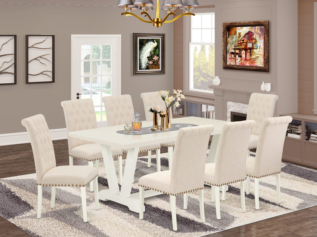 V027BRV7H-Y 9-Piece Dining Ensemble with V-Base Table & Light Beige Upholstered Chairs, 72 Rectangular Set
