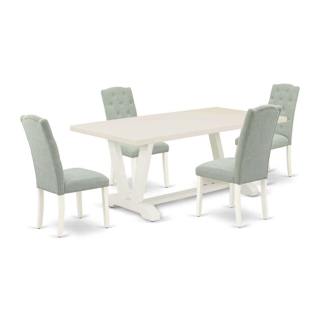 V027CA1JS-G 5 Piece Dining Set with Rectangular Table & V-Leg 4 Blue Linen Chairs