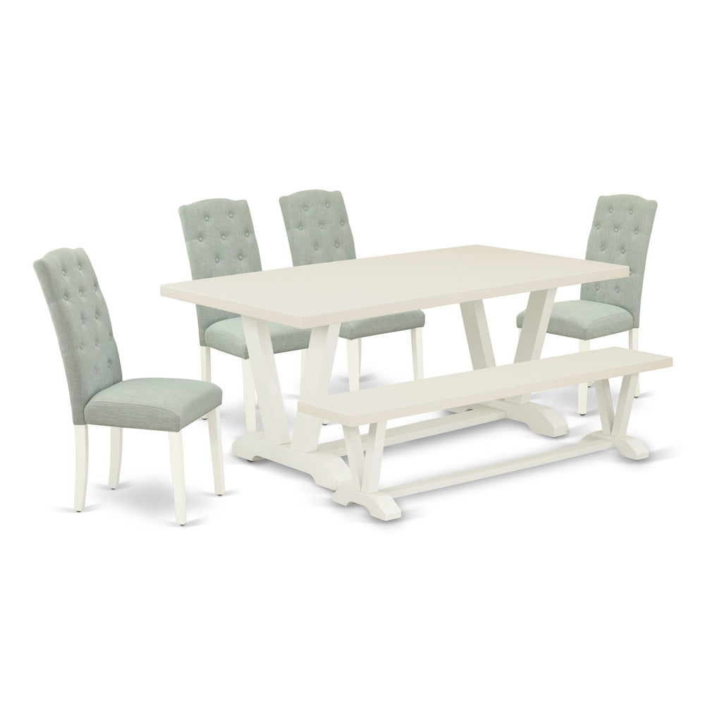 V027CV7NM-B Exquisite 6-Piece Dining Ensemble with V-Leg Rectangle Table, Linen Chairs & Bench