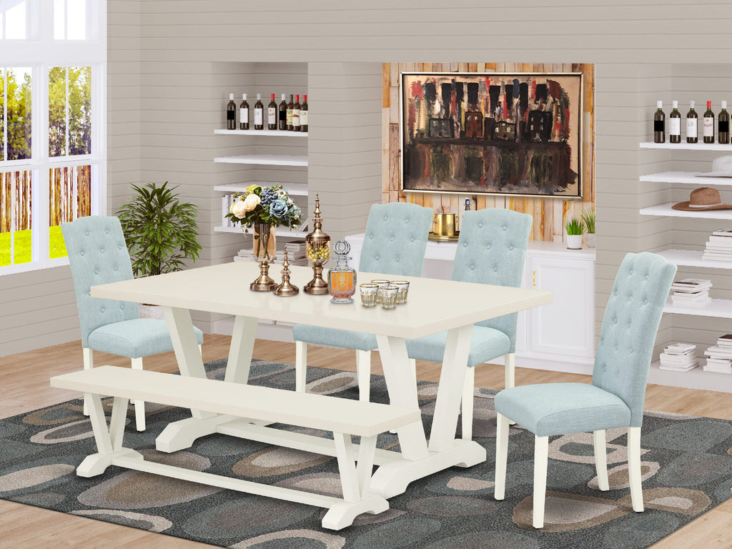 V027CV7NM-B Exquisite 6-Piece Dining Ensemble with V-Leg Rectangle Table, Linen Chairs & Bench
