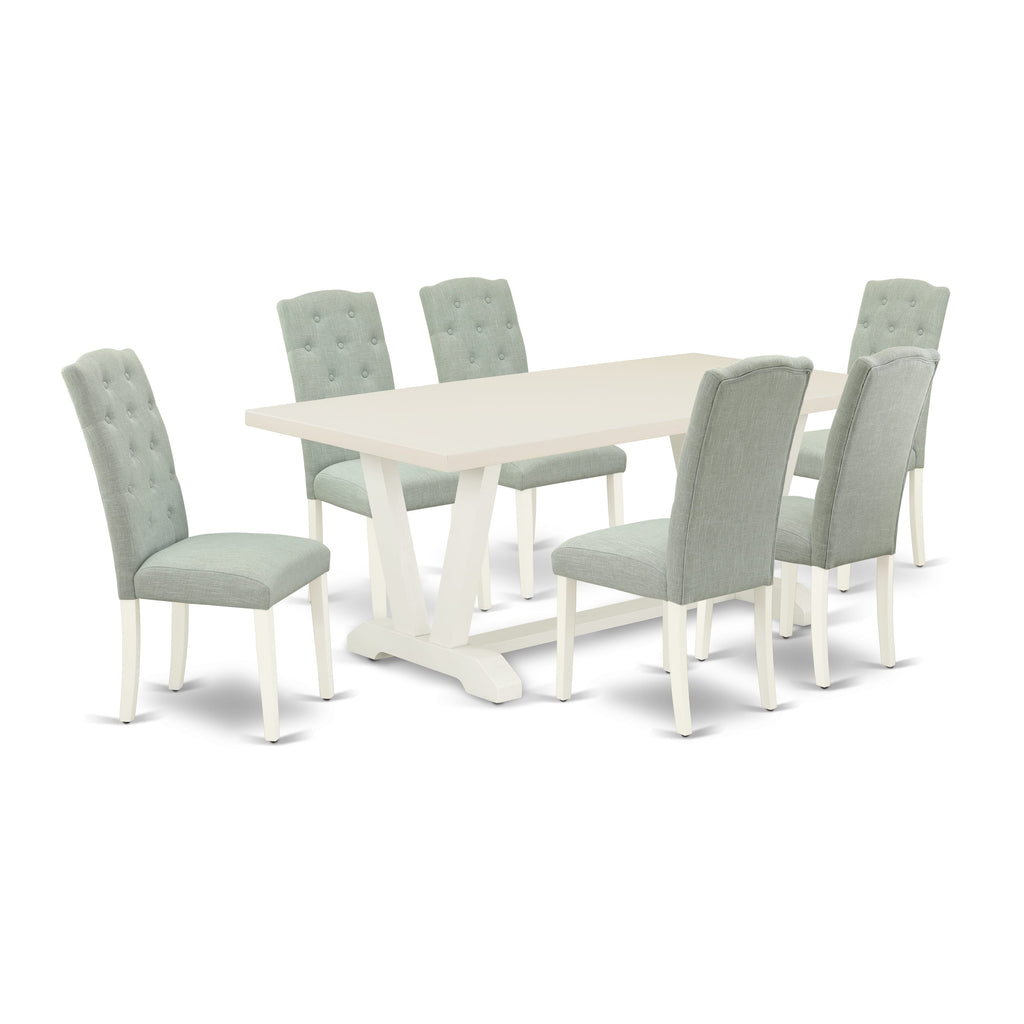 V027C2C02-T 7 Piece Dining Set Rectangle Table with Unique Legs & 6 Soft Blue Chairs, 40x72