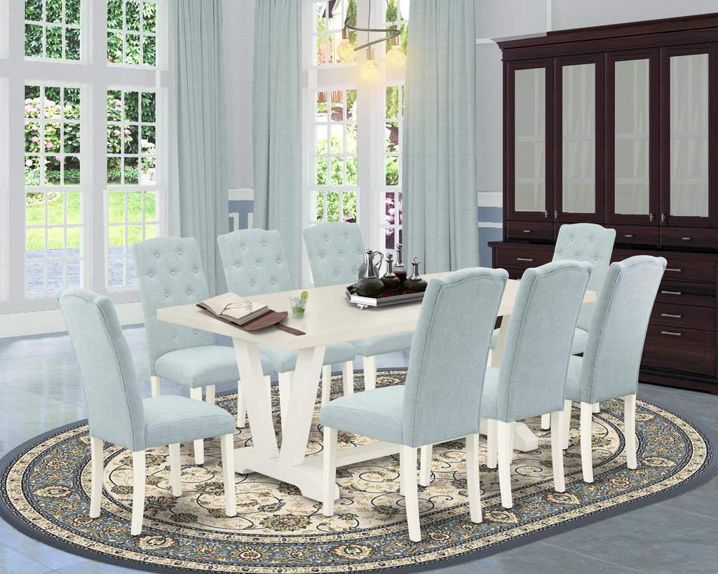 V027C82XD-6 9-Piece Dining Ensemble Rectangular Table with V-Shaped Supports & 8 Baby Blue Linen Chairs, 40x72 Inch