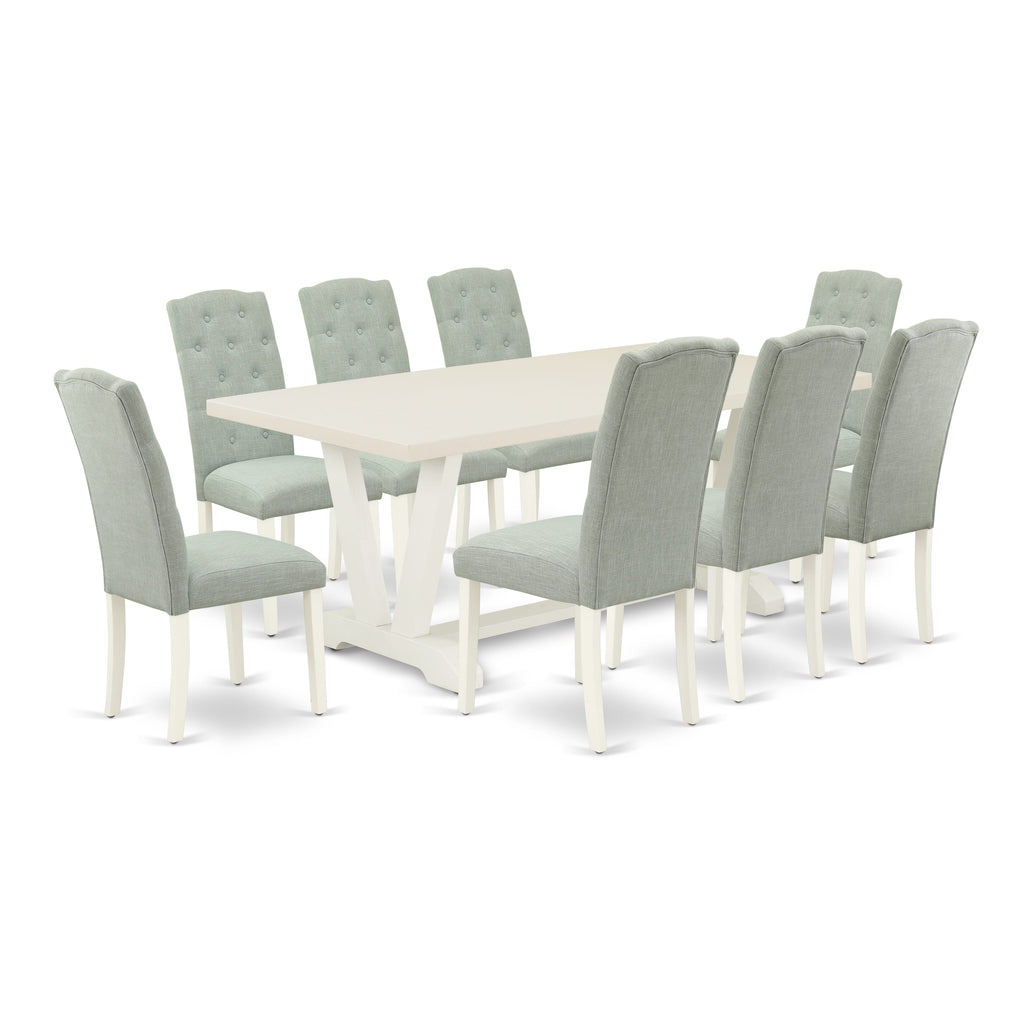 V027C82XD-6 9-Piece Dining Ensemble Rectangular Table with V-Shaped Supports & 8 Baby Blue Linen Chairs, 40x72 Inch