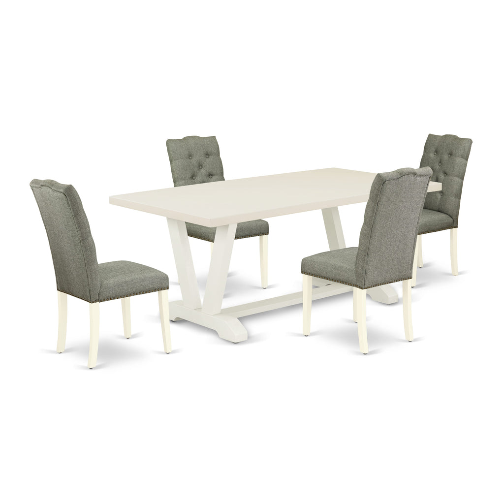 V027ECMC9-L 5-Piece Dining Set for 4 with V-Leg Rectangle Table Plus 4 Elegant Gray Parson Chairs, 40x72