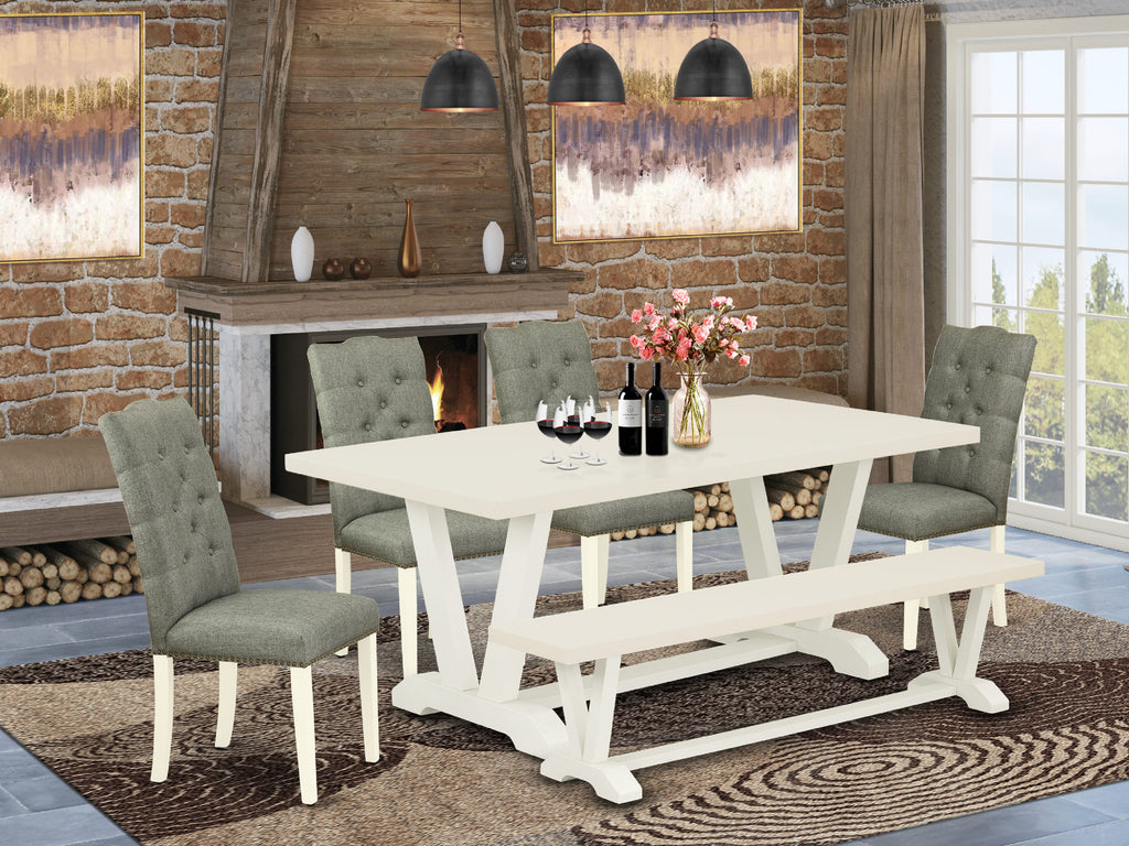 V027ESNYN-R 6-Piece Dining Ensemble with Rectangular V-Leg Table, Gray Parson Chairs & Bench Set - Multi-Color Design