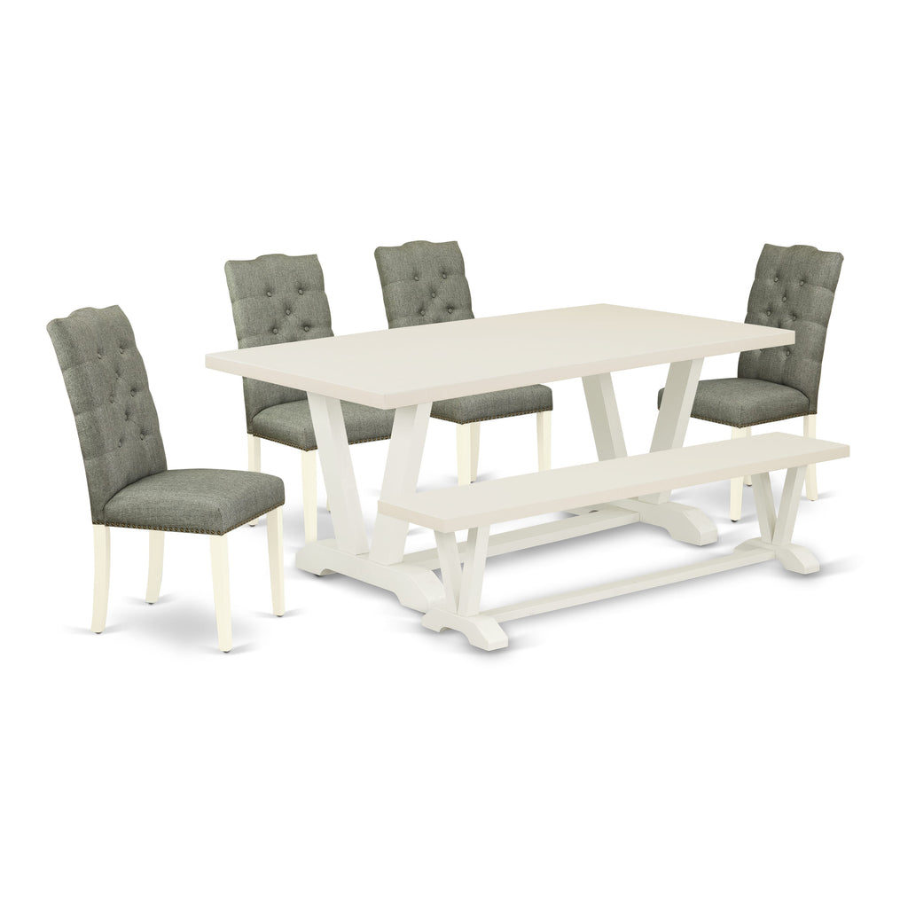 V027ESNYN-R 6-Piece Dining Ensemble with Rectangular V-Leg Table, Gray Parson Chairs & Bench Set - Multi-Color Design
