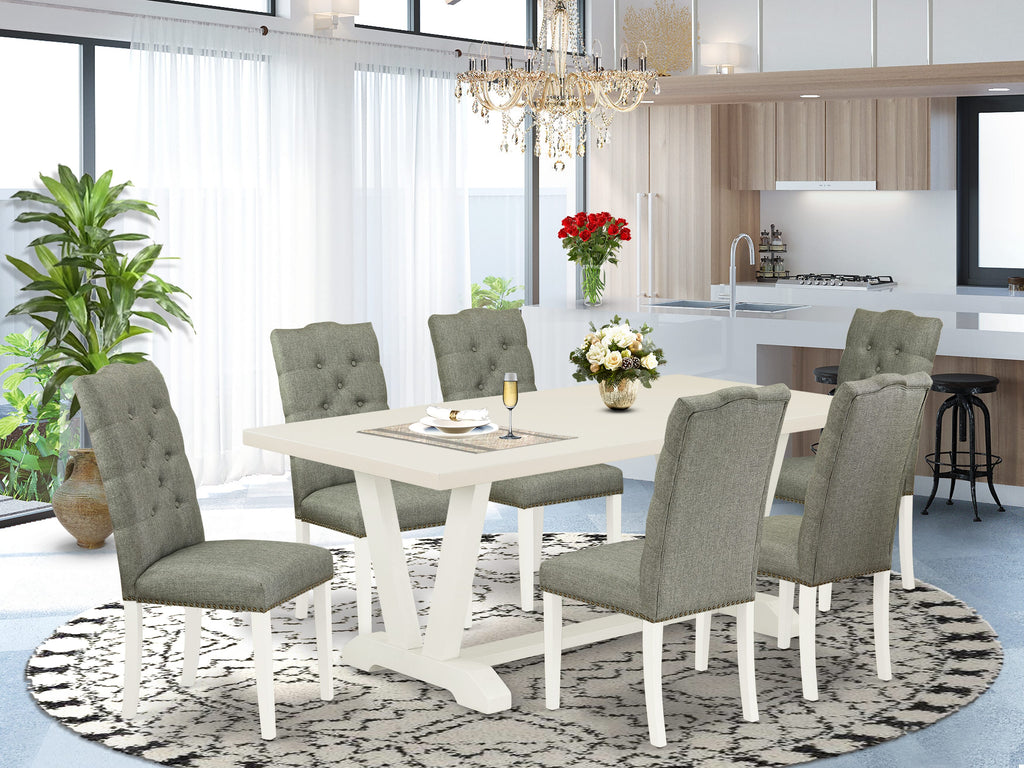 V027E3L66-K Exquisite 7-Piece Dining Set Rectangular Table with Striking V-Legs & 6 Elegant Gray Chairs - Multi-Hued Charm, 40x72 In.