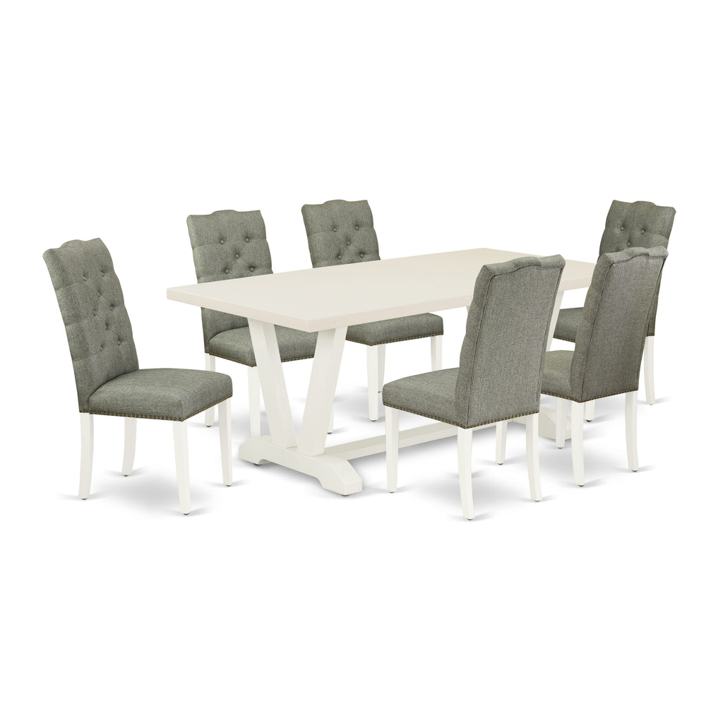 V027E3L66-K Exquisite 7-Piece Dining Set Rectangular Table with Striking V-Legs & 6 Elegant Gray Chairs - Multi-Hued Charm, 40x72 In.