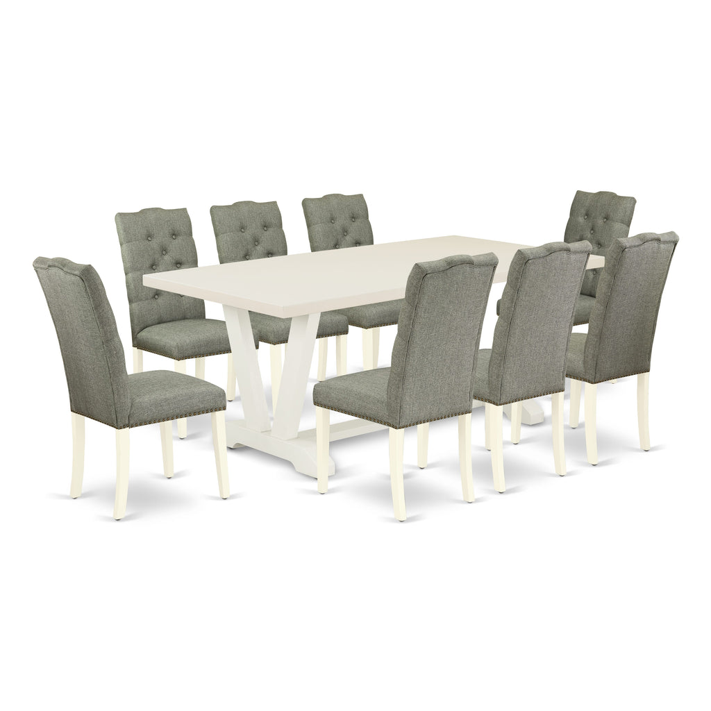 V027ECMUQ-1 Dining Set 9-Piece Rectangle Table with V-Legs & 8 Gray Upholstered Chairs, 40x72 Multi-Color