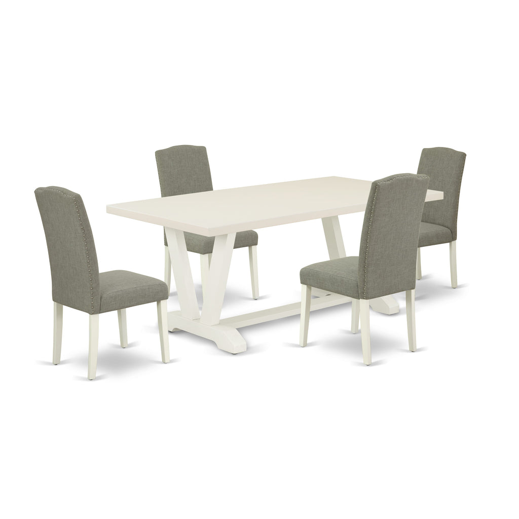 V027E9H32-0 Set 5-Piece Dining Ensemble with V-Leg Table & 4 Dark Shitake Upholstered Chairs, 40x72 Multi-Tone