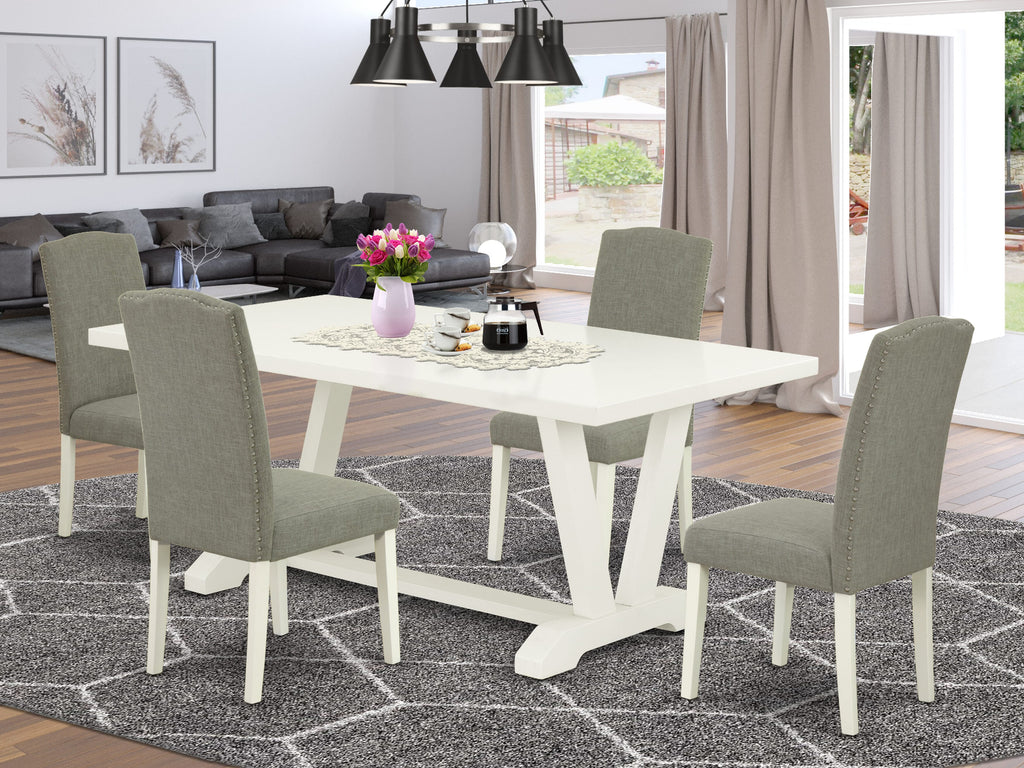 V027E9H32-0 Set 5-Piece Dining Ensemble with V-Leg Table & 4 Dark Shitake Upholstered Chairs, 40x72 Multi-Tone