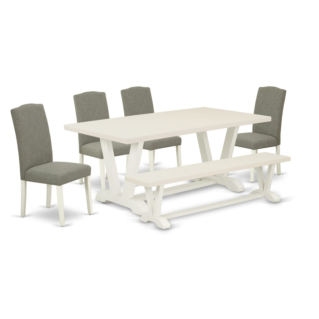 V-Leg Rectangle Dining Set V027EQHJE-D 6 Piece Ensemble with Dark Shitake Chairs & Bench