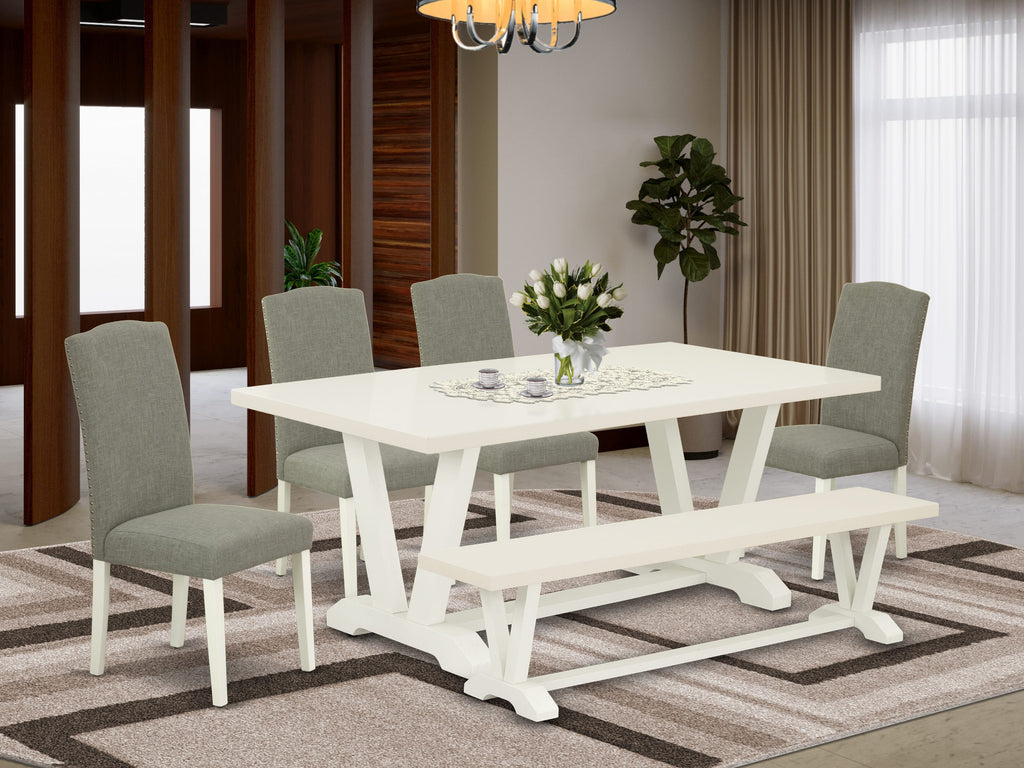 V-Leg Rectangle Dining Set V027EQHJE-D 6 Piece Ensemble with Dark Shitake Chairs & Bench