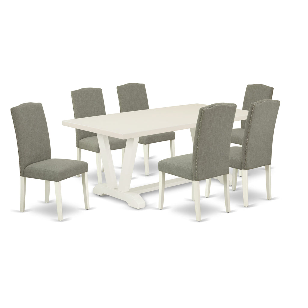V027E9BZ6-G 7-Piece Dining Collection with Rectangular Table and V-Leg Design, Includes 6 Upholstered Parson Chairs