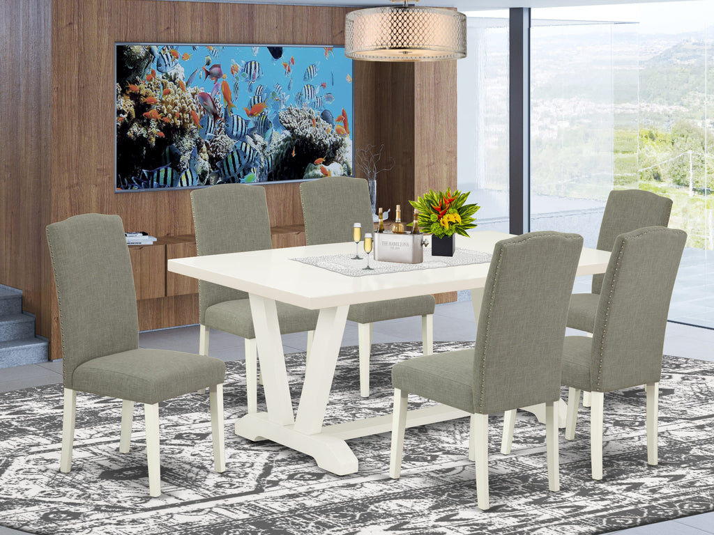 V027E9BZ6-G 7-Piece Dining Collection with Rectangular Table and V-Leg Design, Includes 6 Upholstered Parson Chairs
