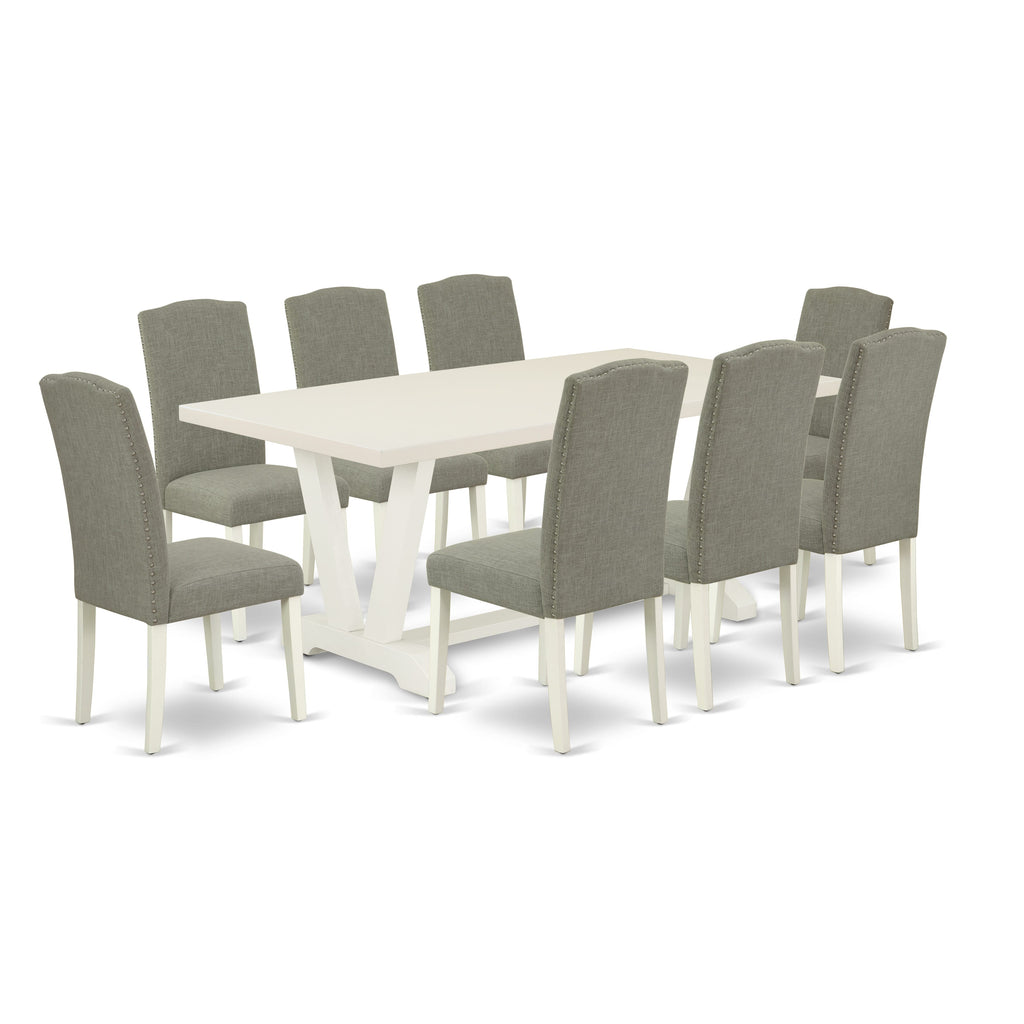 V027EUZ7G-F 9-Piece Rectangular Dining Set with V-Legs and Upholstered Chairs in Multi-Shade Fabric