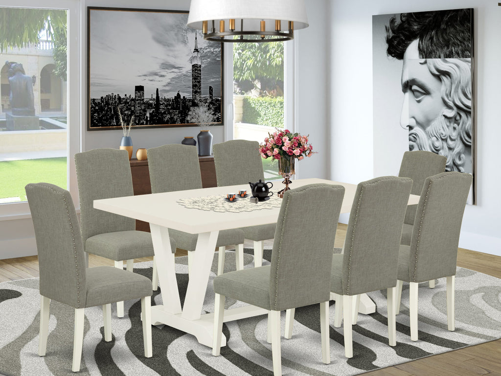 V027EUZ7G-F 9-Piece Rectangular Dining Set with V-Legs and Upholstered Chairs in Multi-Shade Fabric