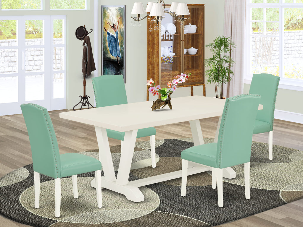 V027E170U-7 Rectangle Dining Set with V-Legs & 4 Faux Leather Chairs, Multi-Color, 40x72