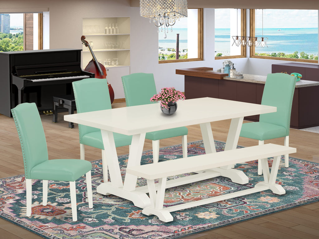 V027EPUB8-U Stylish Dining Collection Rectangular Table, 4 Parson Chairs & Bench in Linen White