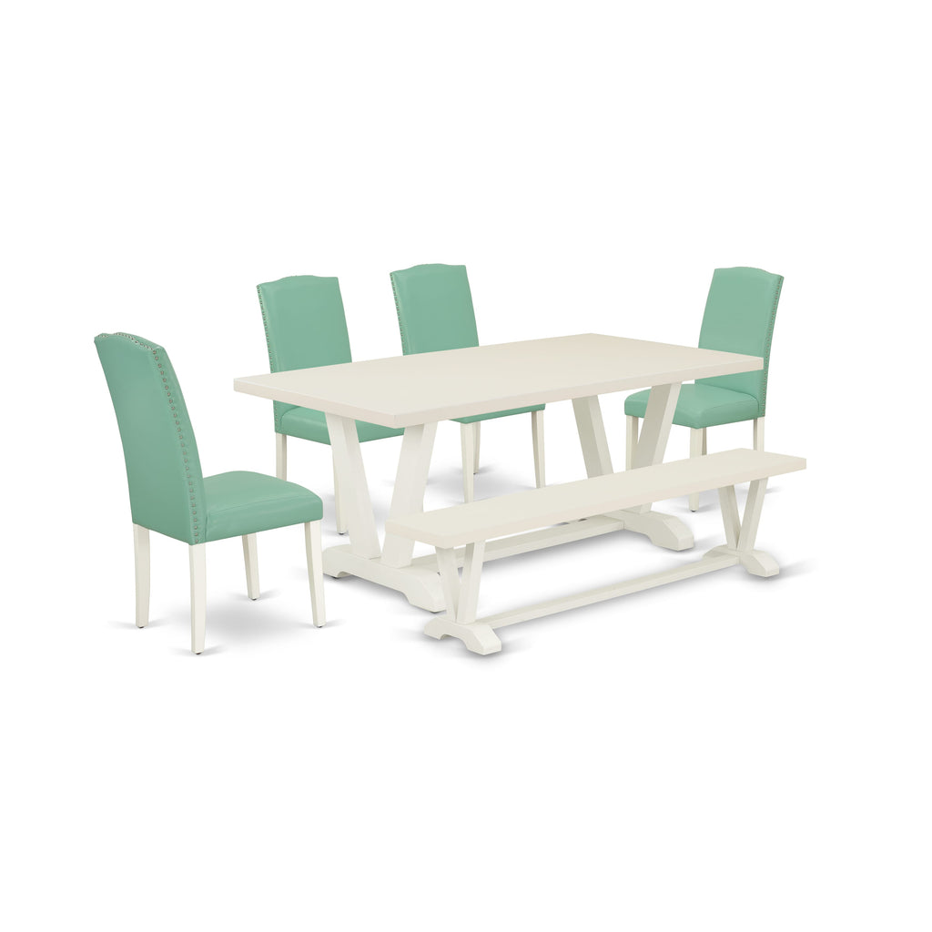 V027EPUB8-U Stylish Dining Collection Rectangular Table, 4 Parson Chairs & Bench in Linen White