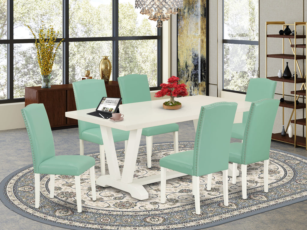 V027EUR14-8 8-Piece Dining Ensemble With 40x72 Table & 6 Elegant Chairs in Wirebrushed Linen White