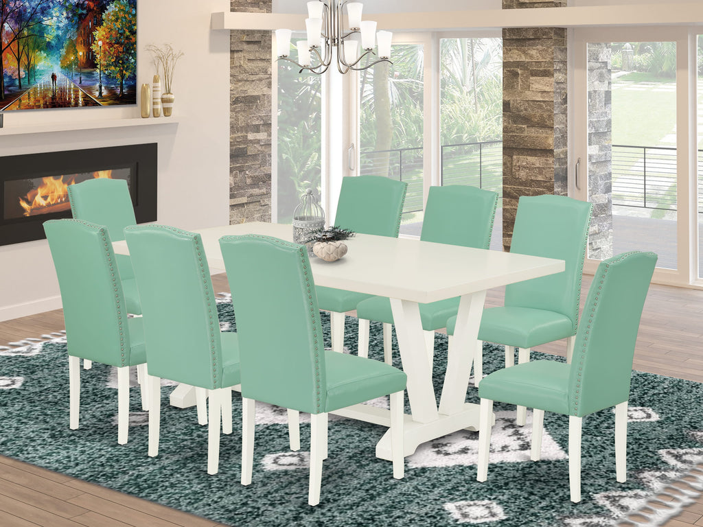 V027E7FXR-Z 9-Piece Dining Ensemble with Rectangle Table & 8 Upholstered Chairs - Linen White Finish, Wirebrushed 40x72 Surface