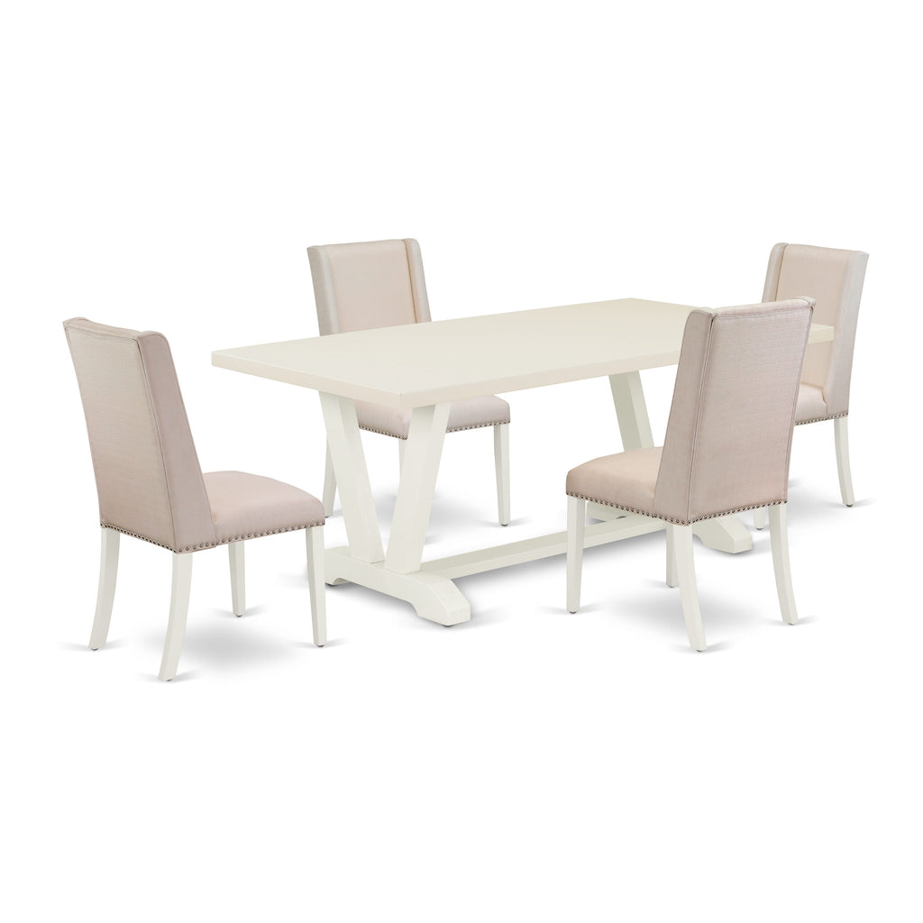V027FYCO7-6 5-Piece Dining Ensemble with Rectangular Table, V-Legs & 4 Cream Linen Chairs