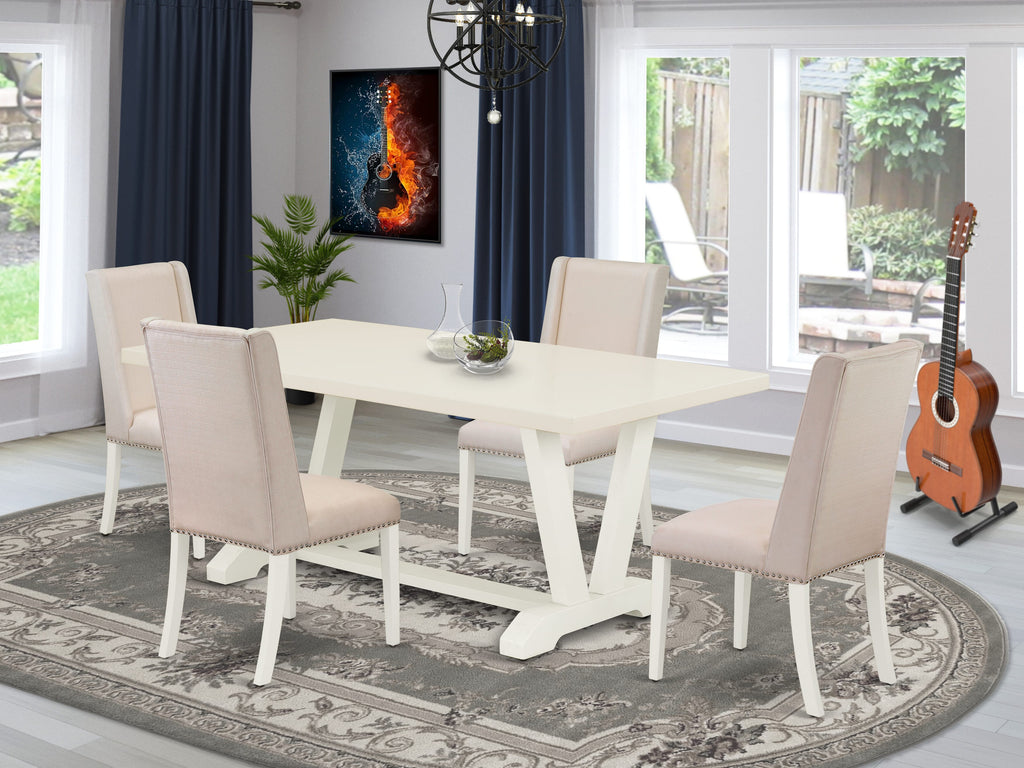 V027FYCO7-6 5-Piece Dining Ensemble with Rectangular Table, V-Legs & 4 Cream Linen Chairs