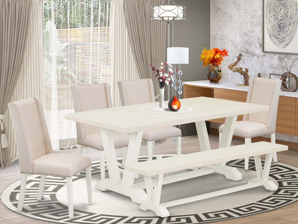 V027FNYMU-O 6 Piece Dining Room Ensemble Rectangular Table with V-Legs, 4 Cream Linen Upholstered Chairs & Bench