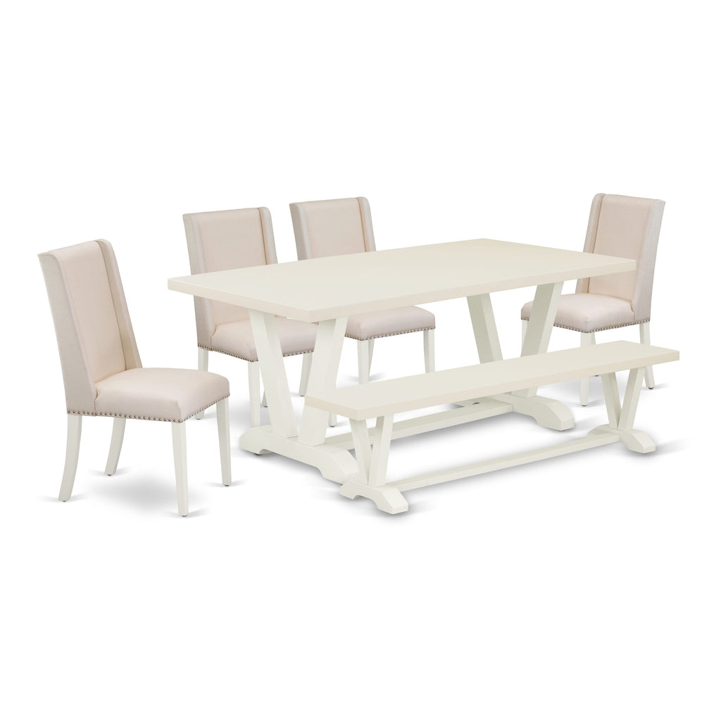 V027FNYMU-O 6 Piece Dining Room Ensemble Rectangular Table with V-Legs, 4 Cream Linen Upholstered Chairs & Bench
