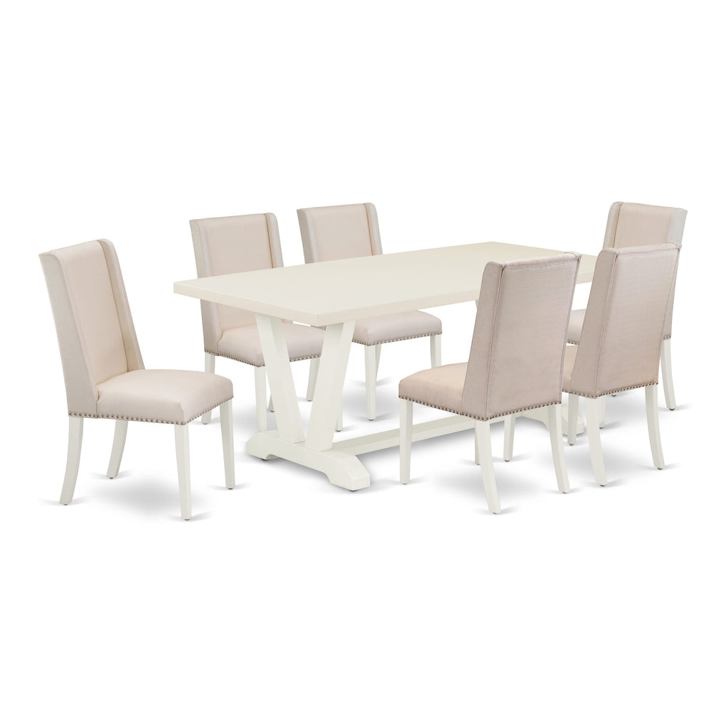 V027FJ85Q-K Elegant 7 Piece Dining Ensemble with V-Leg Table and 6 Cream Parson Chairs, 40x72
