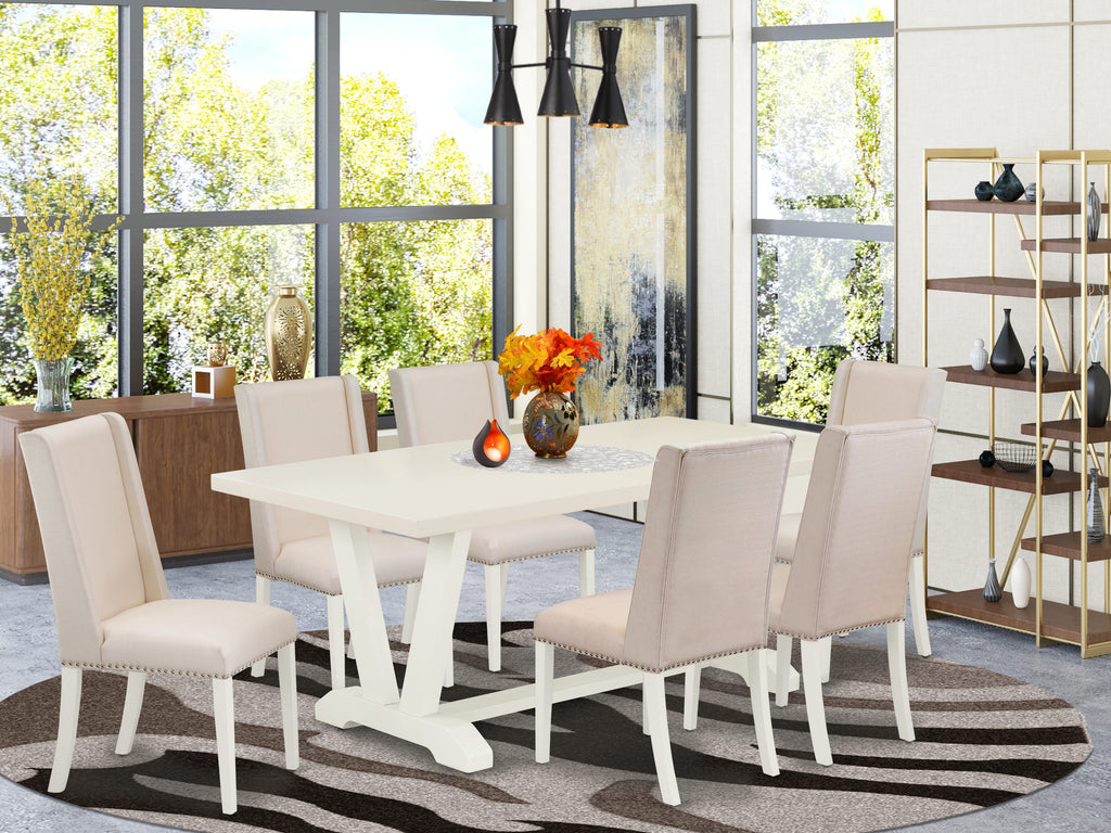 V027FJ85Q-K Elegant 7 Piece Dining Ensemble with V-Leg Table and 6 Cream Parson Chairs, 40x72