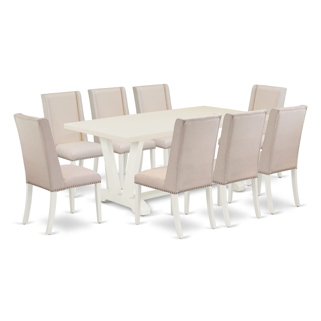 V027F6QXG-Y 9-Piece Dining Set Rectangle Table with Unique V-Legs and 8 Cream Parson Chairs, 40x72, Multi-Color