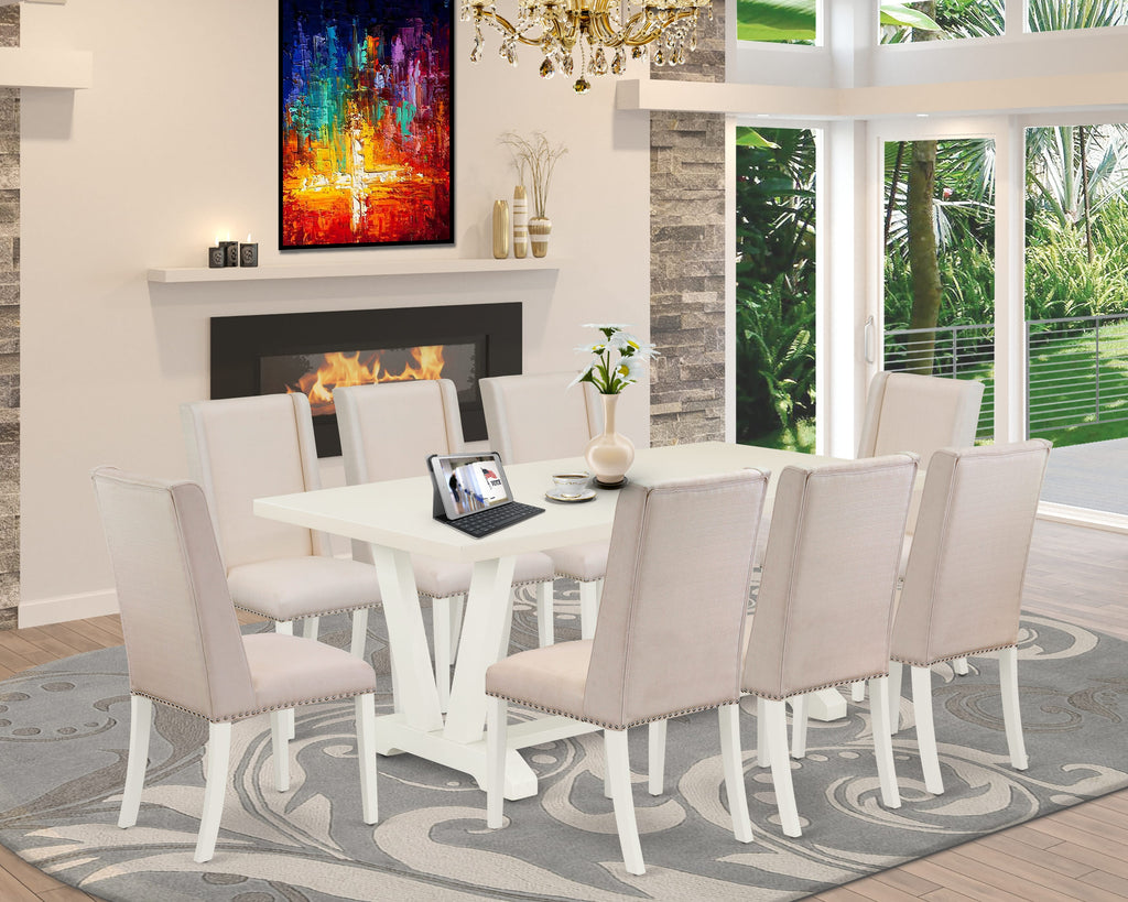 V027F6QXG-Y 9-Piece Dining Set Rectangle Table with Unique V-Legs and 8 Cream Parson Chairs, 40x72, Multi-Color