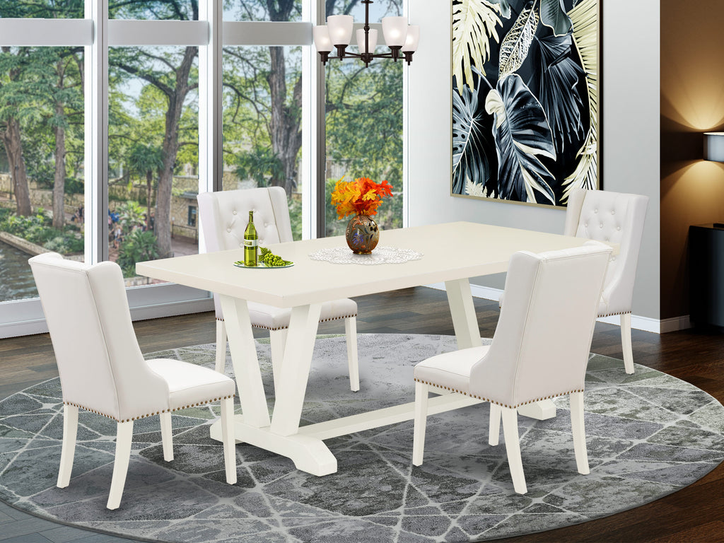 V027FLI7G-X Modern 5-Piece Rectangle Dining Set with V-Legs and Light Grey Faux Leather Chairs, Multi-Color 40x72 Inch