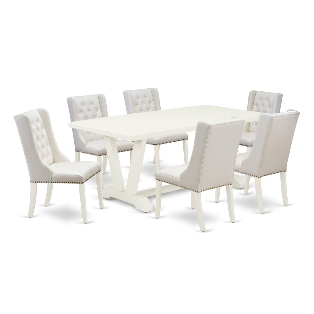 V027FXQAH-8 8-Piece Dining Ensemble with V-Leg Table & 6 Parson Light Grey Chairs, Multi-Color, 40x72